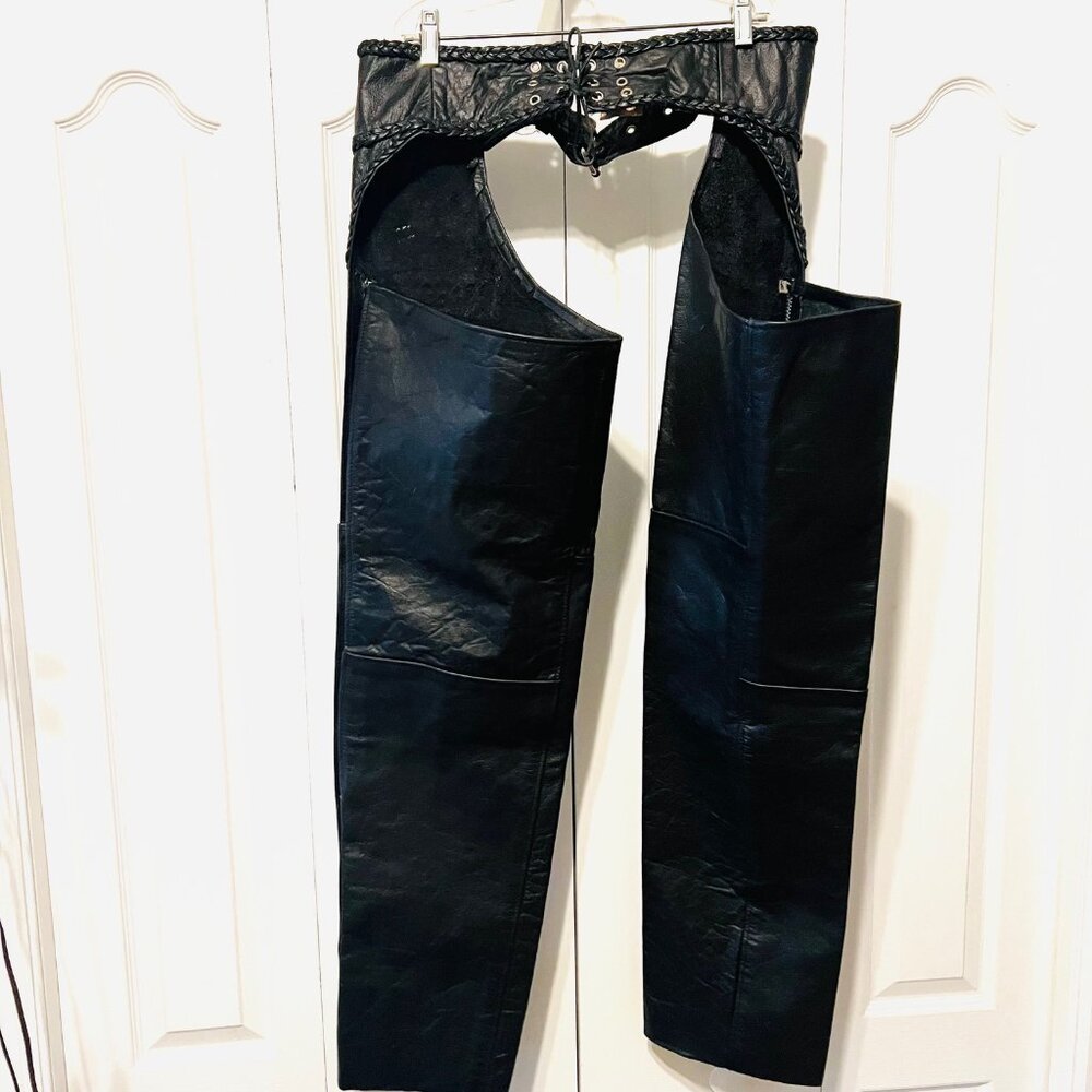 Hot Leathers Braided Black Leather Riding Chaps-Motorcycle-Large-Unhemmed-Unisex